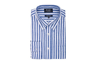 Ocean Blue & White long sleeve cotton linen shirt - COLTEN
