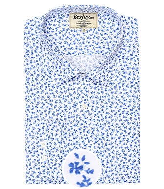 White printed shirt with blue flowers - Straight collar - MATHURIN