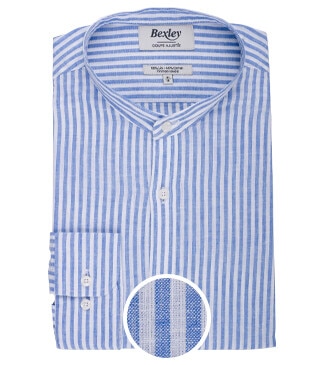 Plain Ocean Blue & White cotton linen shirt - ELIBERT