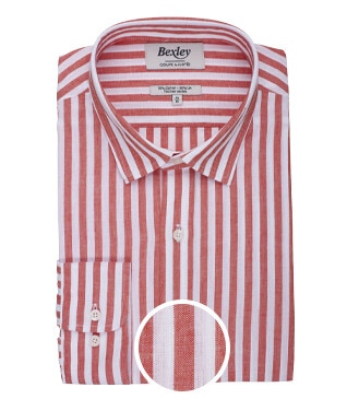 Coral & White striped cotton linen shirt - SIMONIN