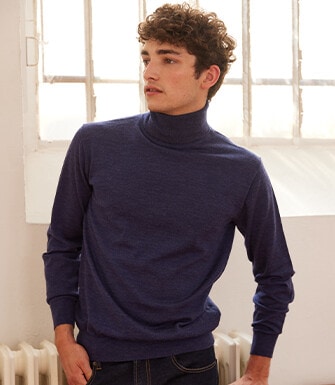 Dark Blue Melange Wool roll-neck jumper - EMERINOS