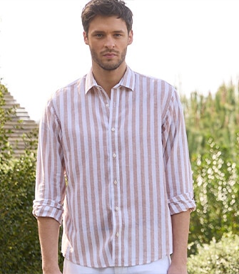 Camel & White striped cotton linen shirt - BRUNIEN