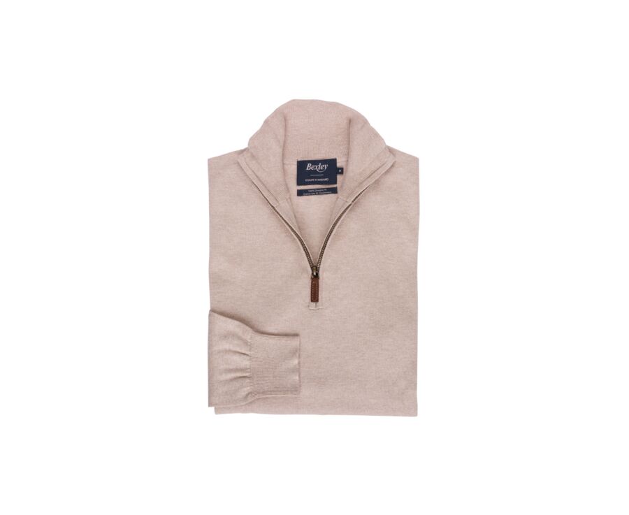 Beige Melange organic cotton/cashmere half-zip thin pullover - VLAD