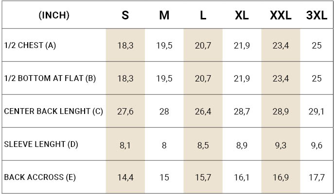 Size Guide for Polos T Shirts Bexley Bexley